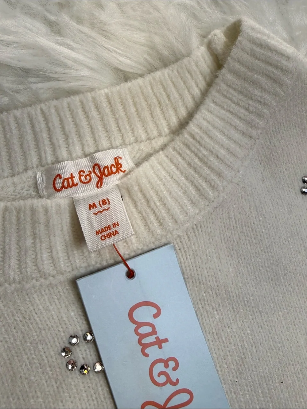 Cat & Jack Girls' Cream Sweater with Beaded Bow Accents size 8